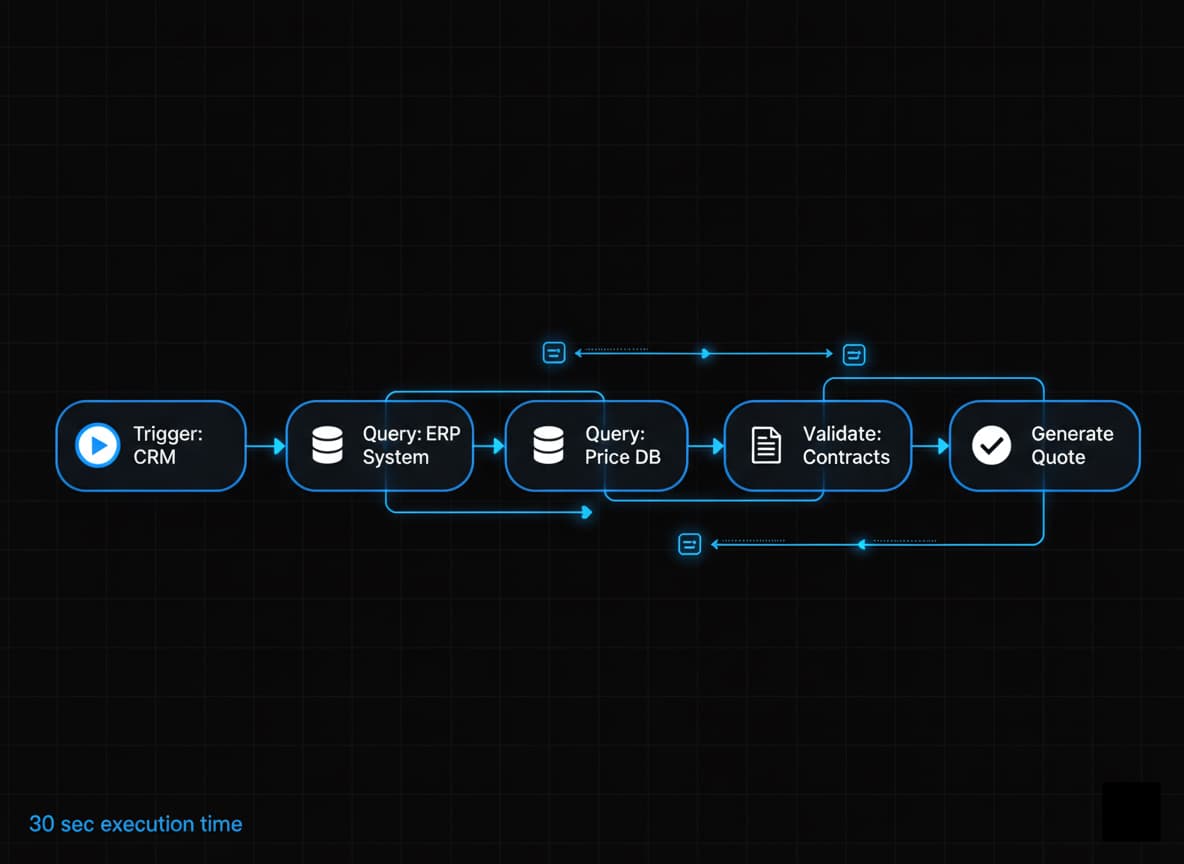 Workflow diagram showing CRM trigger to ERP, Price DB, and Contract validation