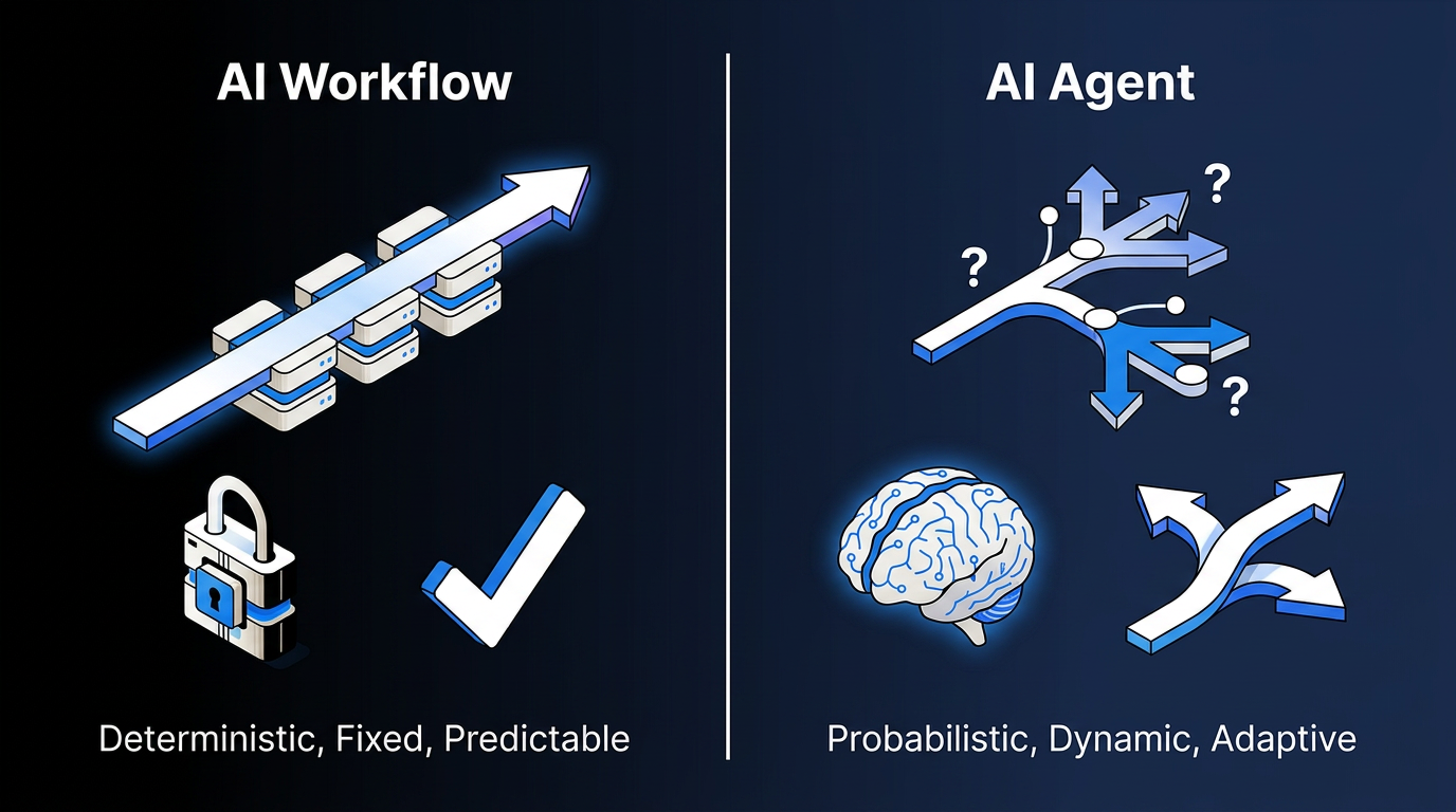 AI workflow vs. AI agent comparison: workflows are deterministic, fixed, and predictable; agents are probabilistic, dynamic, and adaptive.