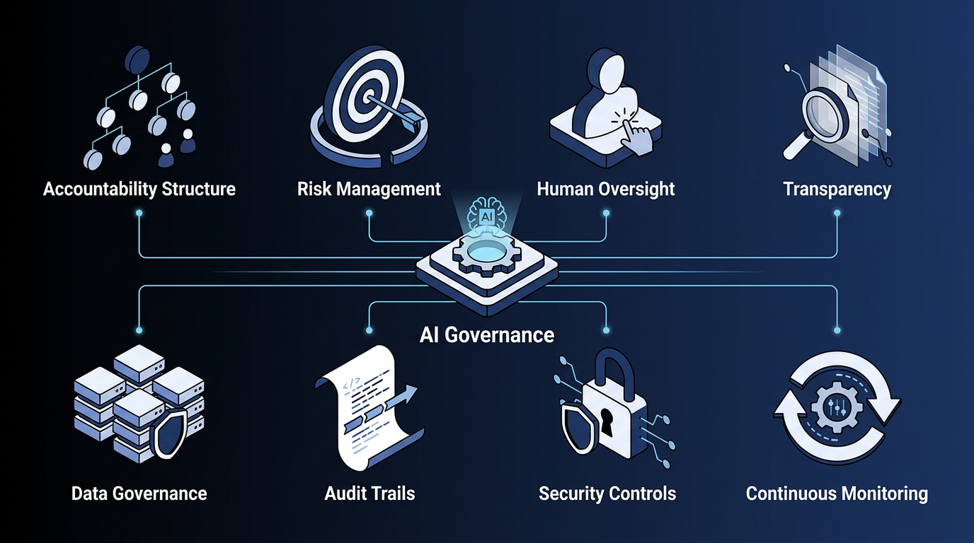 Hub-and-spoke diagram showing the eight core pillars of an AI governance framework: accountability structure, risk management, human oversight, transparency, data governance, audit trails, security controls, and continuous monitoring.