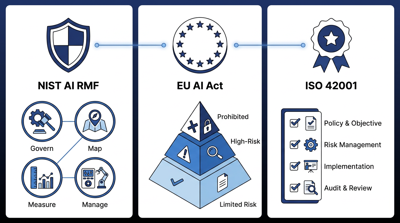 Side-by-side comparison of the three major AI governance frameworks: NIST AI RMF showing Govern Map Measure Manage functions, EU AI Act showing the risk tier pyramid, and ISO 42001 showing the management system components.