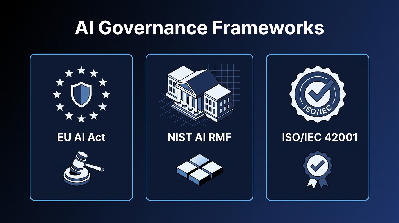 Three AI governance frameworks side by side: EU AI Act, NIST AI RMF, and ISO/IEC 42001.