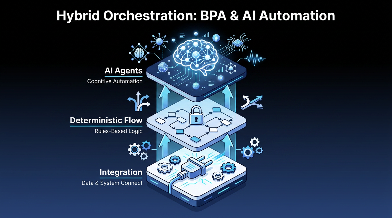 Three-layer hybrid orchestration stack showing integration at the base, deterministic flow in the middle, and AI agents at the top.