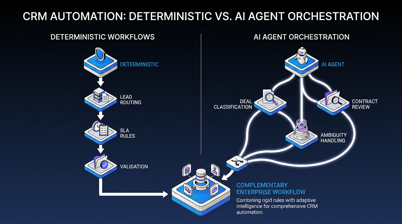 Side-by-side comparison of deterministic CRM workflows (lead routing, SLA rules, validation) and AI agent tasks (deal classification, contract review, ambiguity handling) converging into a complementary enterprise workflow.