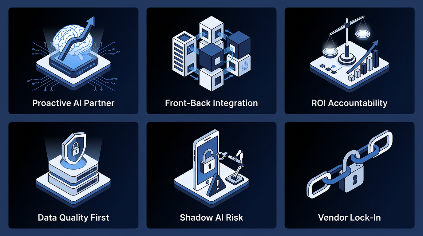 Six tiles representing the 2026 CRM automation trends: proactive AI partner, front-back integration, ROI accountability, data quality first, shadow AI risk, and vendor lock-in.