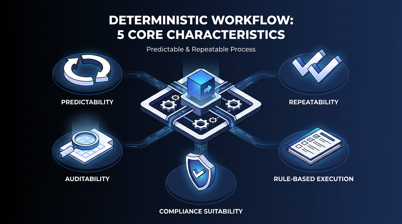 The five core characteristics of a deterministic workflow: predictability, repeatability, auditability, rule-based execution, and compliance suitability.
