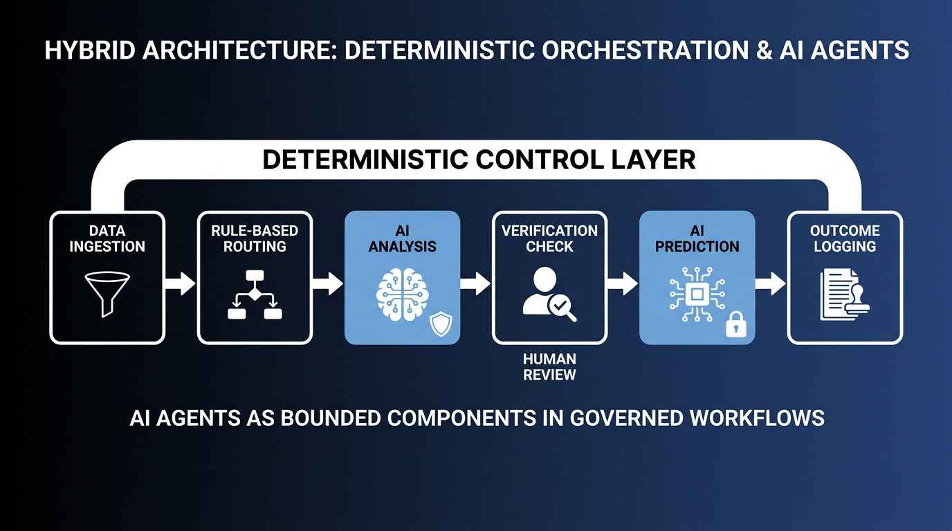 Hybrid architecture diagram showing AI analysis and prediction steps nested inside a deterministic control layer, with data ingestion, rule-based routing, human verification, and outcome logging.