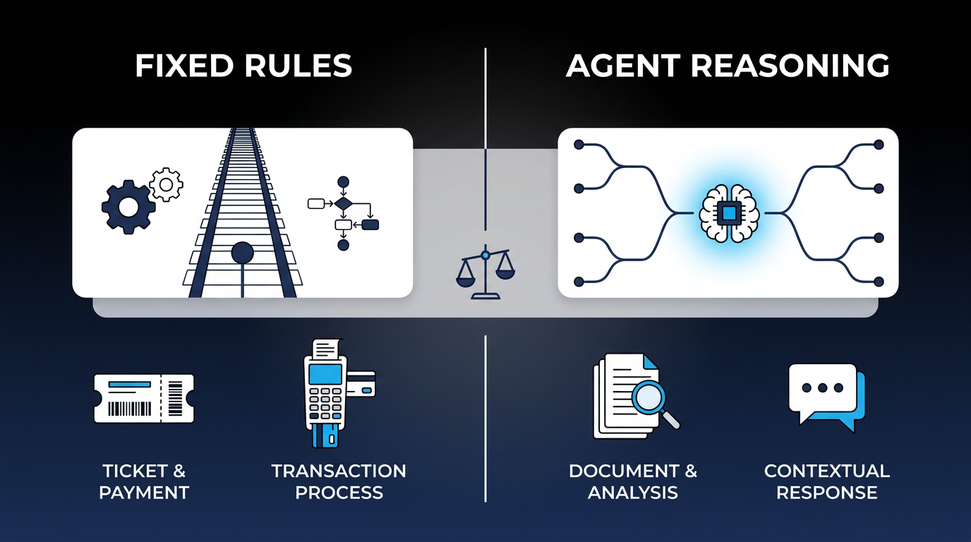 Fixed rules versus agent reasoning: rules handle ticket and payment transactions, agents handle document analysis and contextual responses.