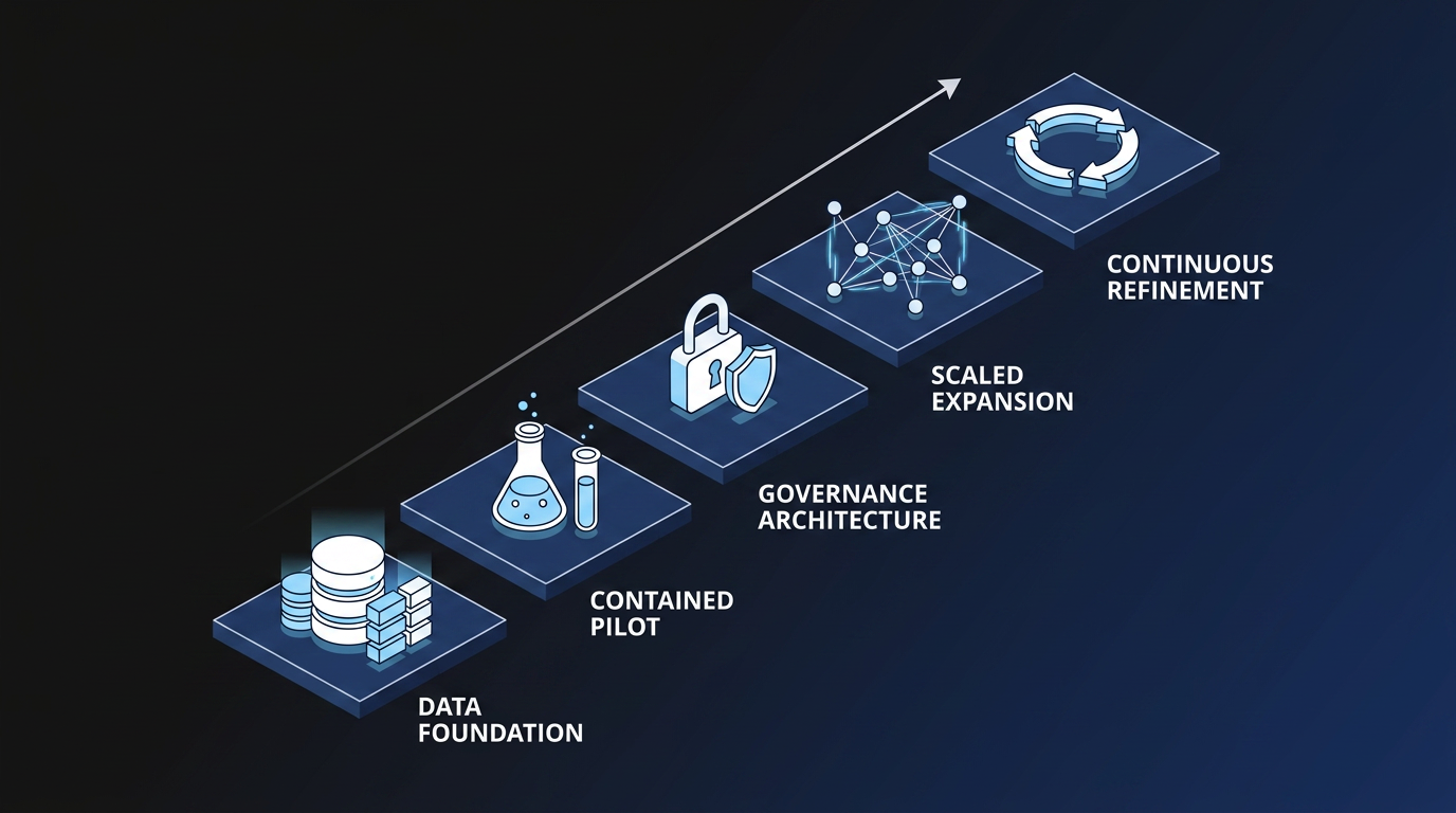 Staircase graphic — Data Foundation → Contained Pilot → Governance Architecture → Scaled Expansion → Continuous Refinement, with an ascending trajectory arrow.