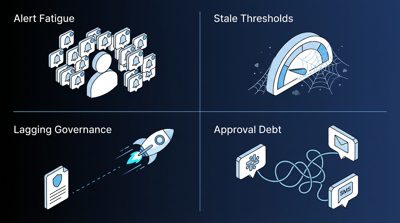 Four failure modes that degrade human-in-the-loop workflows at scale: alert fatigue, stale thresholds, lagging governance, and approval debt.