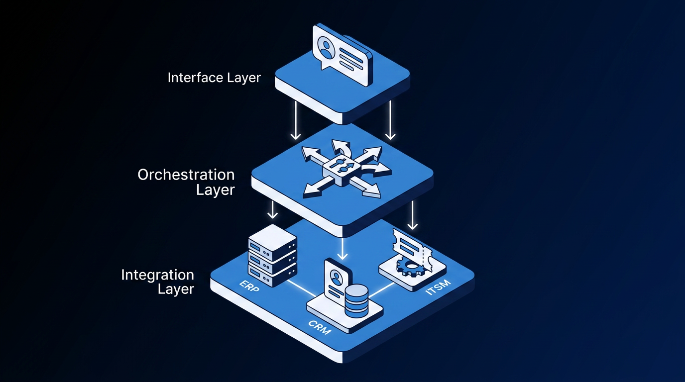Three-layer diagram showing an interface layer routing to an orchestration layer, which connects to ERP, CRM, and ITSM systems.
