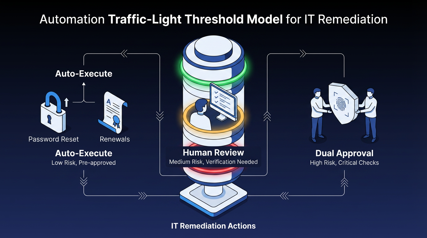 Traffic-light automation thresholds for IT remediation: auto-execute for low risk, human review for medium risk, dual approval for high risk.