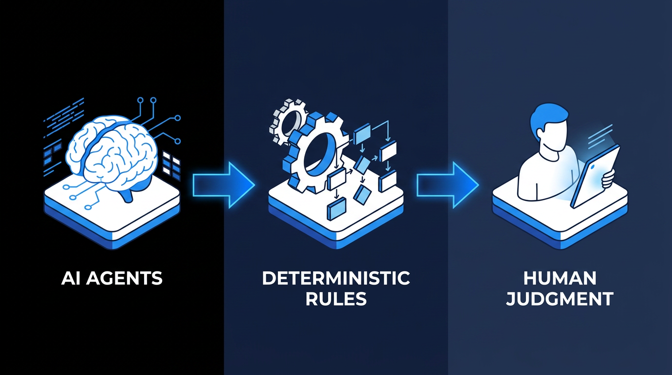 Three-panel diagram showing the ITSM workflow role split. Left panel: AI Agents handle interpretation tasks, represented by a neural brain on a platform. Center panel: Deterministic Rules handle consistency, represented by a gear with a structured flowchart. Right panel: Human Judgment handles high-stakes decisions, represented by a person reviewing a document.