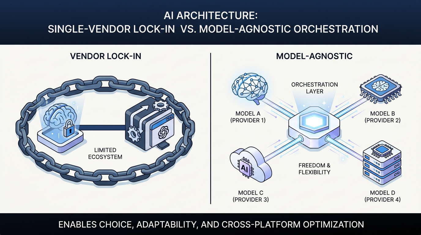 Comparison diagram of single-vendor AI lock-in versus a model-agnostic orchestration layer connecting multiple AI providers.
